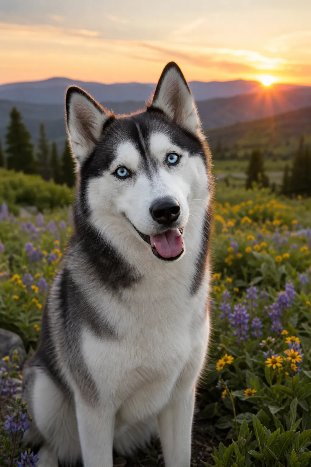 Siberian husky, the namesake of Meeka Insurance Agency, in a Colorado mountain meadow